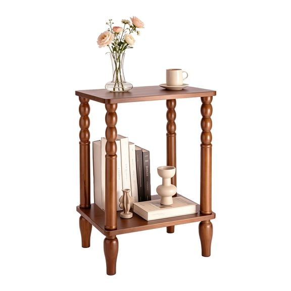 Solid Wood End Table with Storage Shelf, 2-Tier Small Side Table with Vintage Spindle Legs, Narrow Nightstand for Living Room, Bedroom & Small Spaces, Easy Assembly