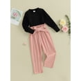 thumbnail image 3 of Liacowi Kids Girl Fall Outfits Solid Color Crew Neck Long Bubble Sleeve Tops Elastic Waist Pants with Belt 2Pcs Clothes Set, 3 of 8
