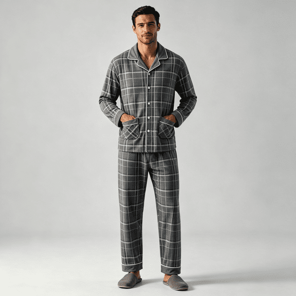 ABSUYY Mens Cotton Long Sleeve Pajama Set with Pockets, Soft Notch Collar Button-Down Loose Fit Pjs Sleepwear Set, Gray, 2XL