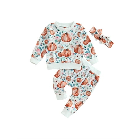 

TOPGOD Toddler Baby Halloween 3Pcs Outfit Cartoon Pumpkin Flower Print Long Sleeve Crewneck Sweatshirt Tops Pants Headband Set