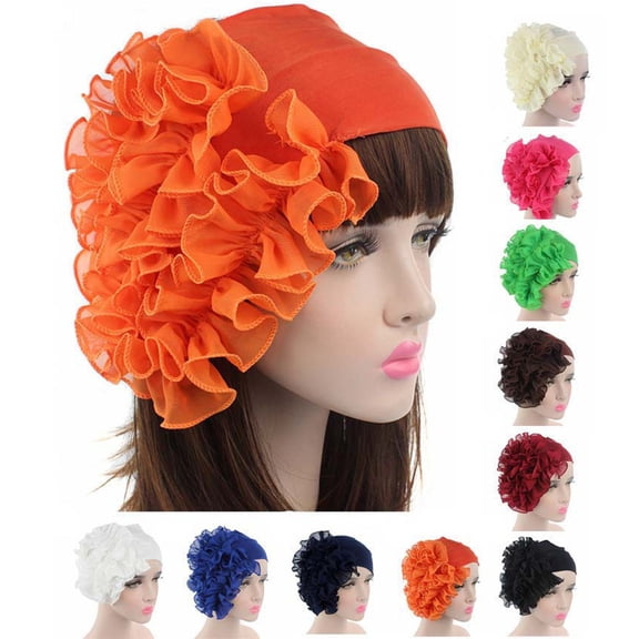 FKMJH Women Large Flower Turban Hat Elastic Pre-Tied Headwrap Stretchy Beanie Big Floral Sleep Cap Full Coverage Soft Head Scarf Polyester Black,One Size