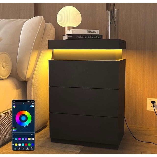 Mesita de Noche, 45x35x68cm Buros para recamara con 3 Niveles de Cajones, Tapa Deslizante, Puertos USB y Tomas de Corriente, Luz LED Ajustable, Estación de Carga(Negro)