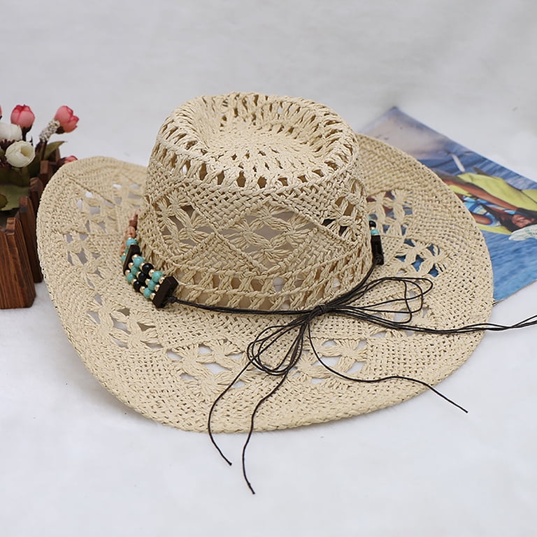 Western Straw Cowboy Hat with Decorative Bands - Unisex Wide Brim Sun Hat Handmade Distressed Open Weave Cowboy Hat | Wide Brim  main image 2