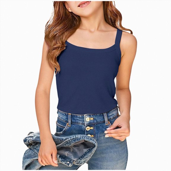 BOBOGOJP Girls Cami Vests Soft Sleeveless Ribbed Undershirts Tank Tops Breathable Solid Camisole Shirts Teens Navy for Size 13-14 Years