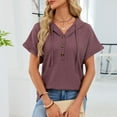 thumbnail image 5 of yillto Women's Short Sleeve Tops with Hoodies Drawstring Button V Neck Casual Blouses Shirts Spring Summer Outfits, 5 of 7