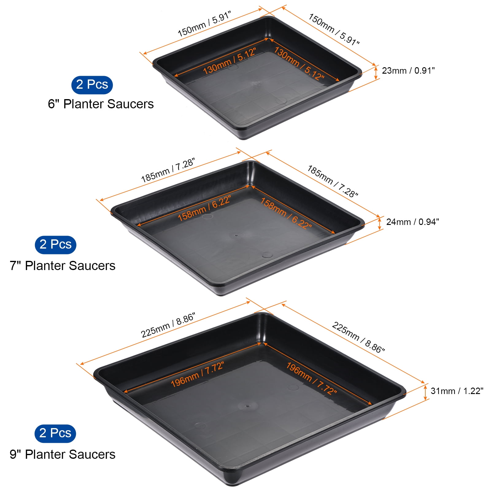 Uxcell 6" 7" 9" Plastic Square Plant Pot Saucer Flower Drip Tray, Black 6in1 Set