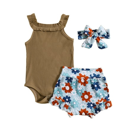 

Sunisery 3Pcs Independence Day Baby Girls Shorts Outfits Sleeveless Romper + Floral Shorts + Headband Clothes Sets Khaki 0-3 Months