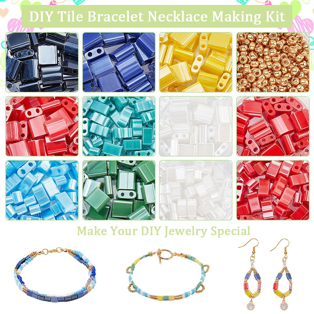 1 Box DIY Tile Bracelet Necklace Making Kit Including Rectangle Glass Seed Beads 304 Stainless Steel & Alloy Clasps Pliers & Cutter Needles