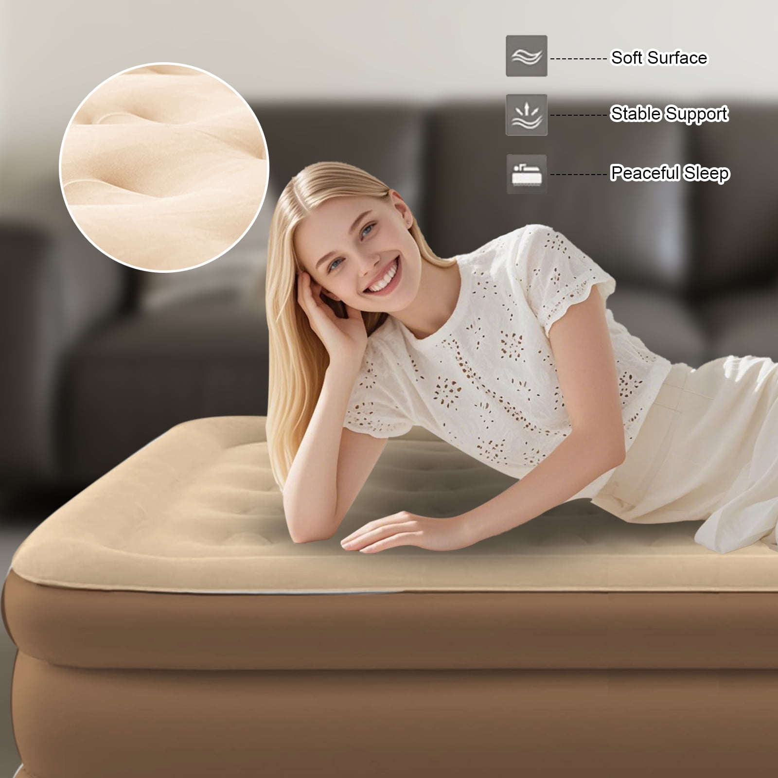 KFeng 18in Queen Brown Inflatable Air Mattress with Headboard,Built-in & Removable Pump,Camping & Home Use