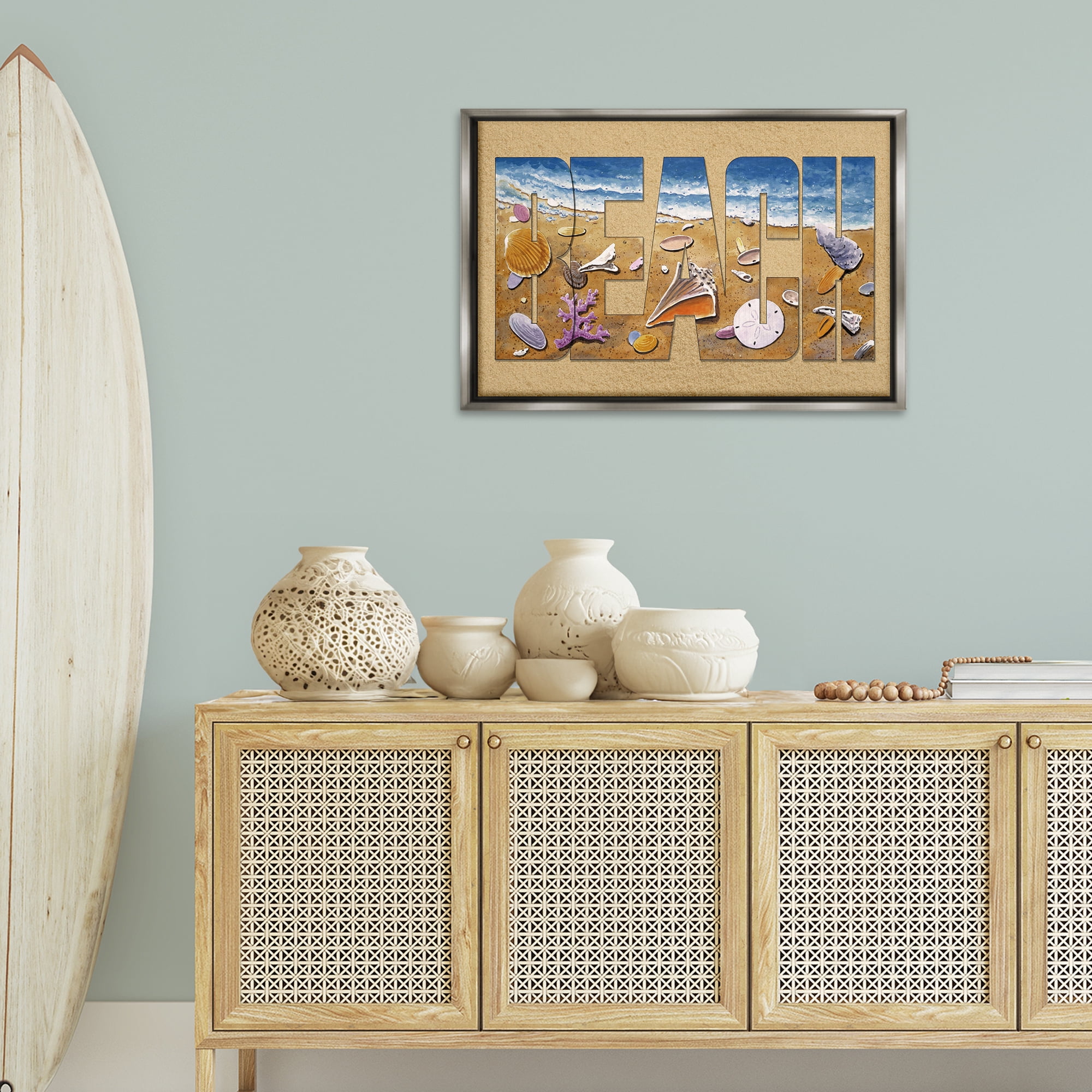 Stupell Industries Outlined Beach Letters Nautical & Beach Painting Gray Floater Framed Canvas Art Print Wall Art, 31 x 21