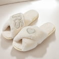 thumbnail image 1 of Zapatillas de felpa con banda cruzada pantuflas peludas con punta abierta cómodas para interiores y exteriores, 1 of 8
