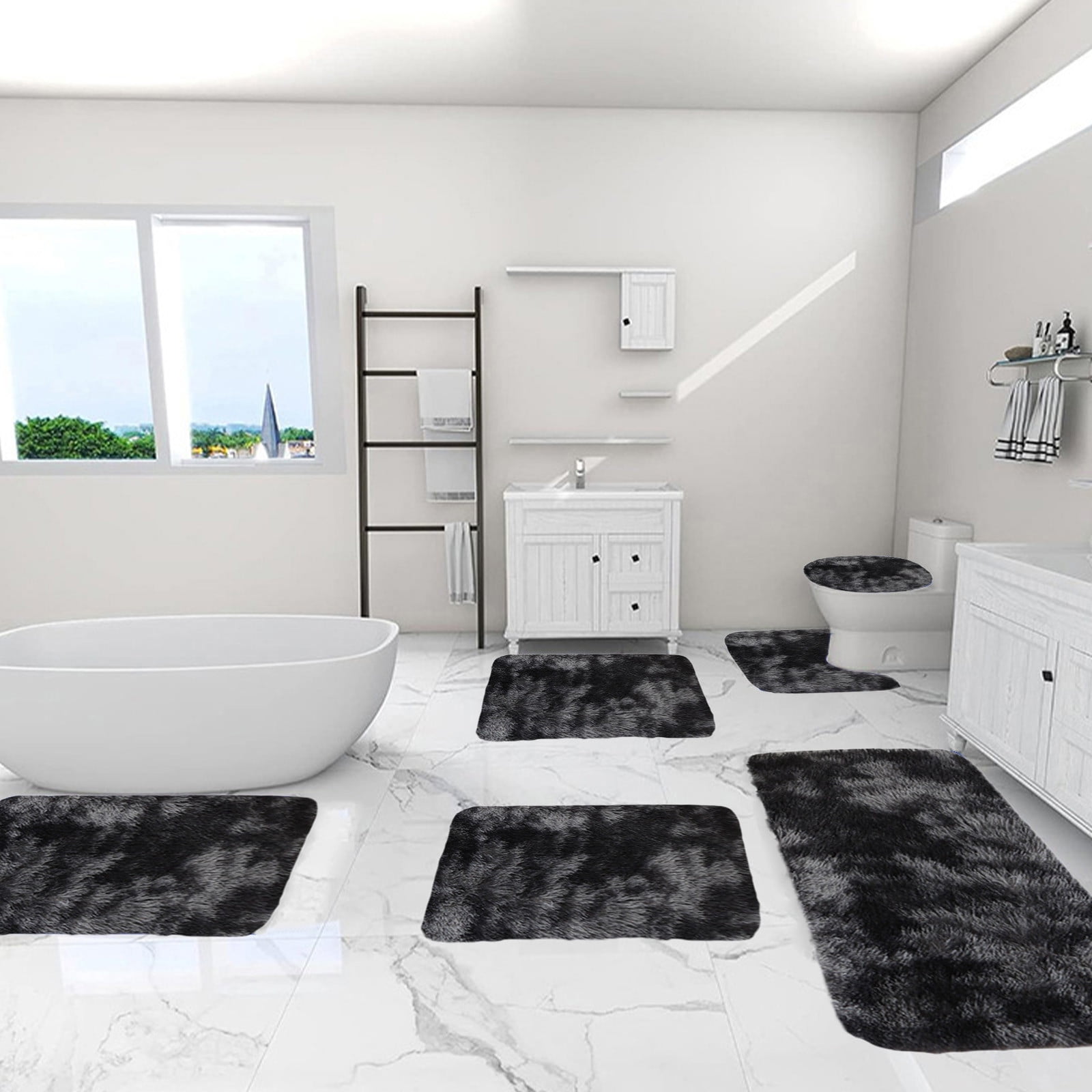 Qocolhg Mixed Colors Shaggy Bath Mats of 6 Piece U-Shaped Contour Toilet Rug, Soft Comfortable Water Absorption Non-Slip Bath Mat, Shower Mat for Floor, Room Door Mat, Machine Washable, Black