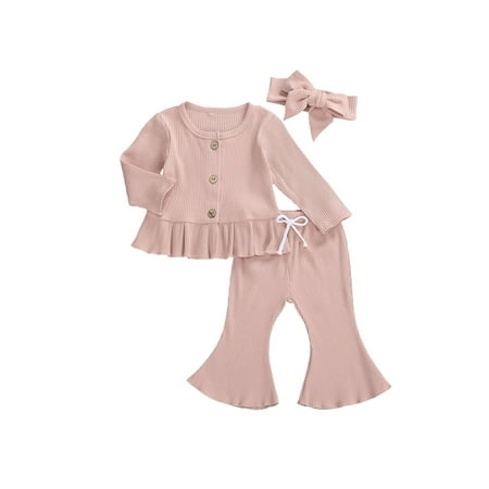 

Bagilaanoe 3Pcs Newborn Baby Girl Long Pants Set Long Sleeve Ruffle T Shirt Tops + Flare Trousers + Headband 3M 6M 12M 18M 24M Infant Casual Outfits