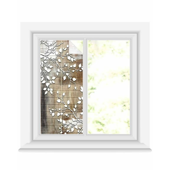 Window Privacy Film White Branches Stained Glass Window Film Decorative Sun Block Window Cover Brown Beige Wooden Grain Window Clings Static Adhesive Sticker for Bathroom 19.6"x39.3"