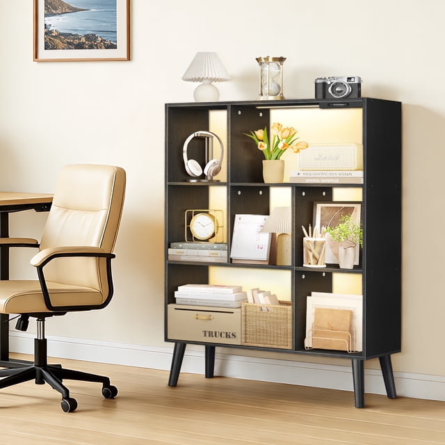 OUTONLIFE 7-Cube Bookcase with LED Light, Open Storage Shelf & Display Rack with 4 Tapered Legs for Living Room, Study Room, Home Office (Black)