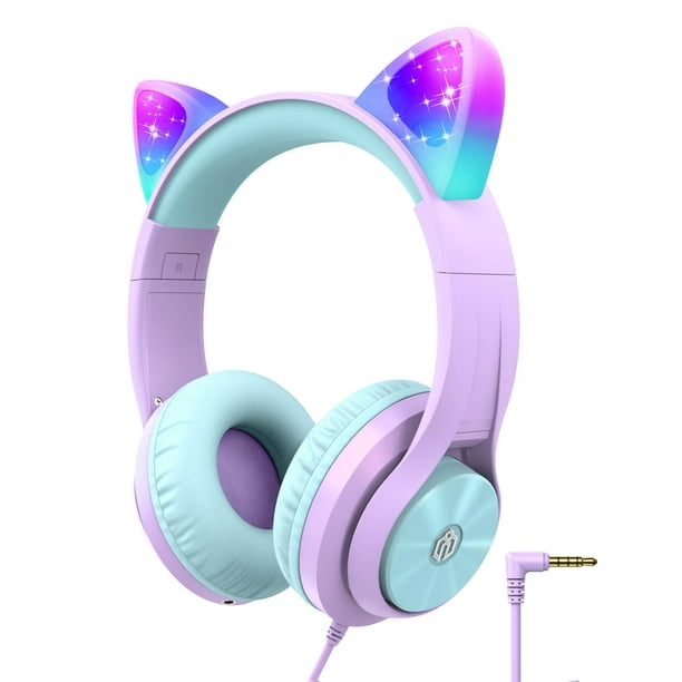 Auriculares iClever Kids FunShare con forma de oreja de gato, luz LED, color morado