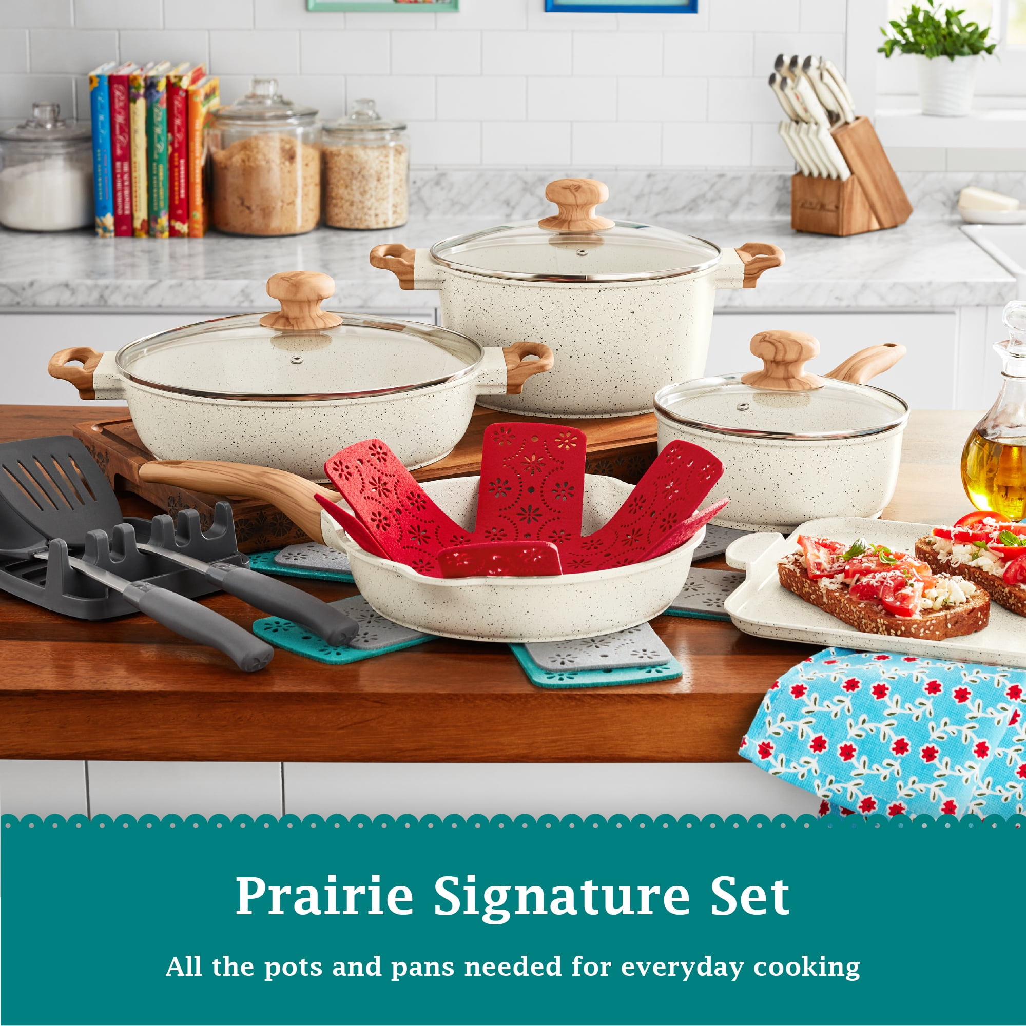 The Pioneer Woman Prairie Signature 14-Piece Cast Aluminum Cookware Set,  Linen Speckle 