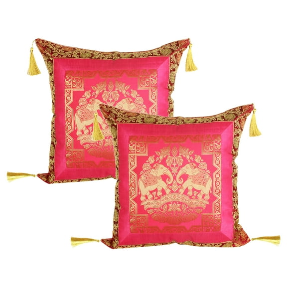 Stylo Culture Ethnic Brocade Home Decor Throw Pillow Covers Magenta Pink Gold 18 x 18 Jacquard Weave Tassels Couch Cushion Covers 45x45 cm Polydupion Silk Zippered Elephant Pillowcases | Set Of 2