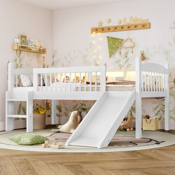 Twin XL Loft Bed with 3 Storage Shelves, Wood Lower Loft Bed with Warm LED Lights, Slide, Ladder, No Box Spring Needed, for Bedroom, Light White
