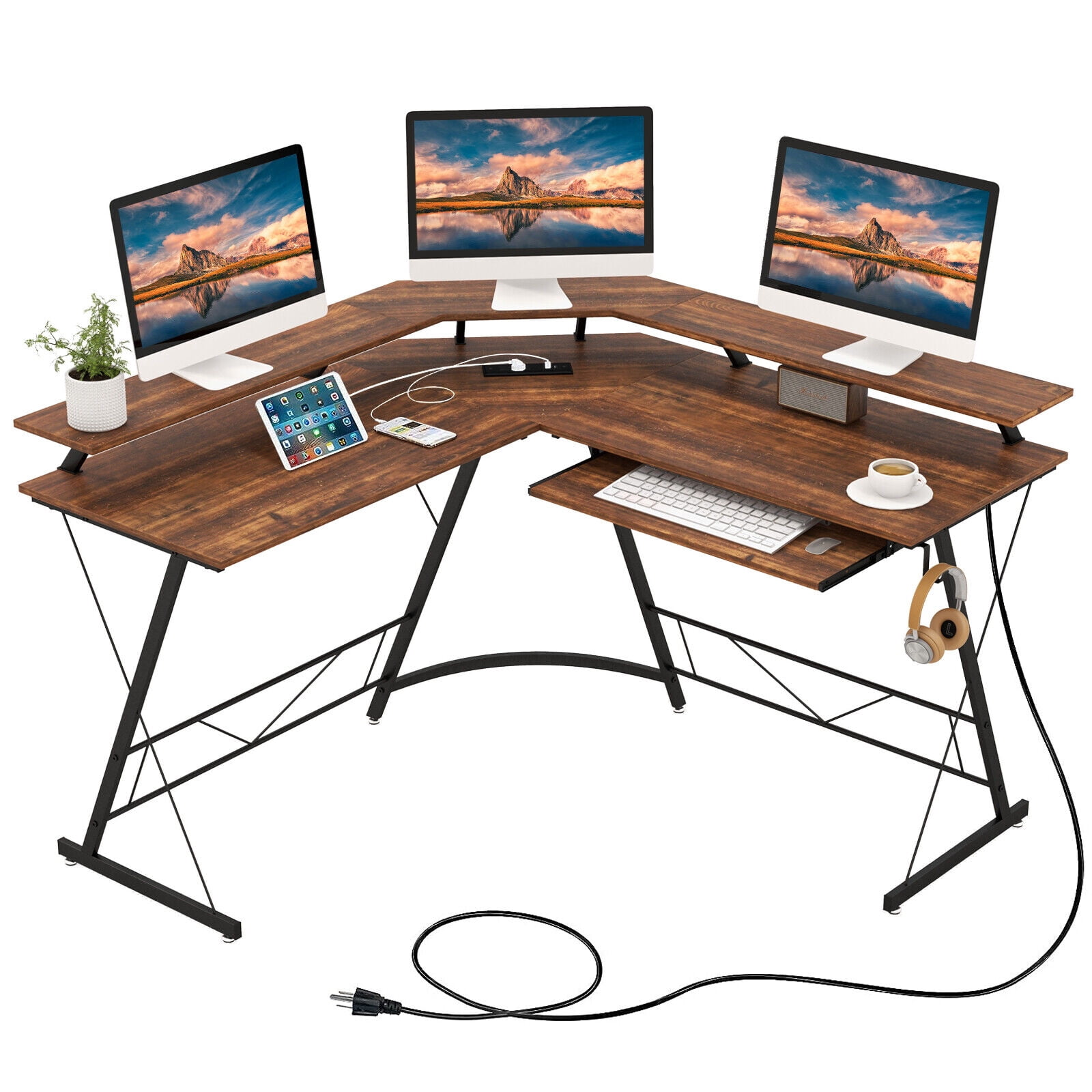 Amijoy L-shaped Computer Corner Desk, 51" Reversible L Shaped Home Office Desk w/Power Outlet, USB Ports, Monitor Stand, Keyboard Tray