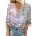 thumbnail image 1 of Birdeem Blouses pour Femmes T-Shirt d'Été Imprimé à Enfiler Col en V Dentelle Manches 3/4, 1 of 12