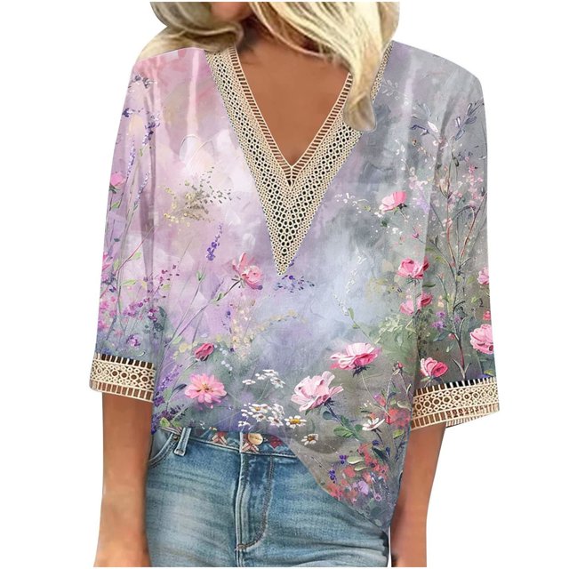 Birdeem Blouses pour Femmes T-Shirt d'Été Imprimé à Enfiler Col en V Dentelle Manches 3/4
