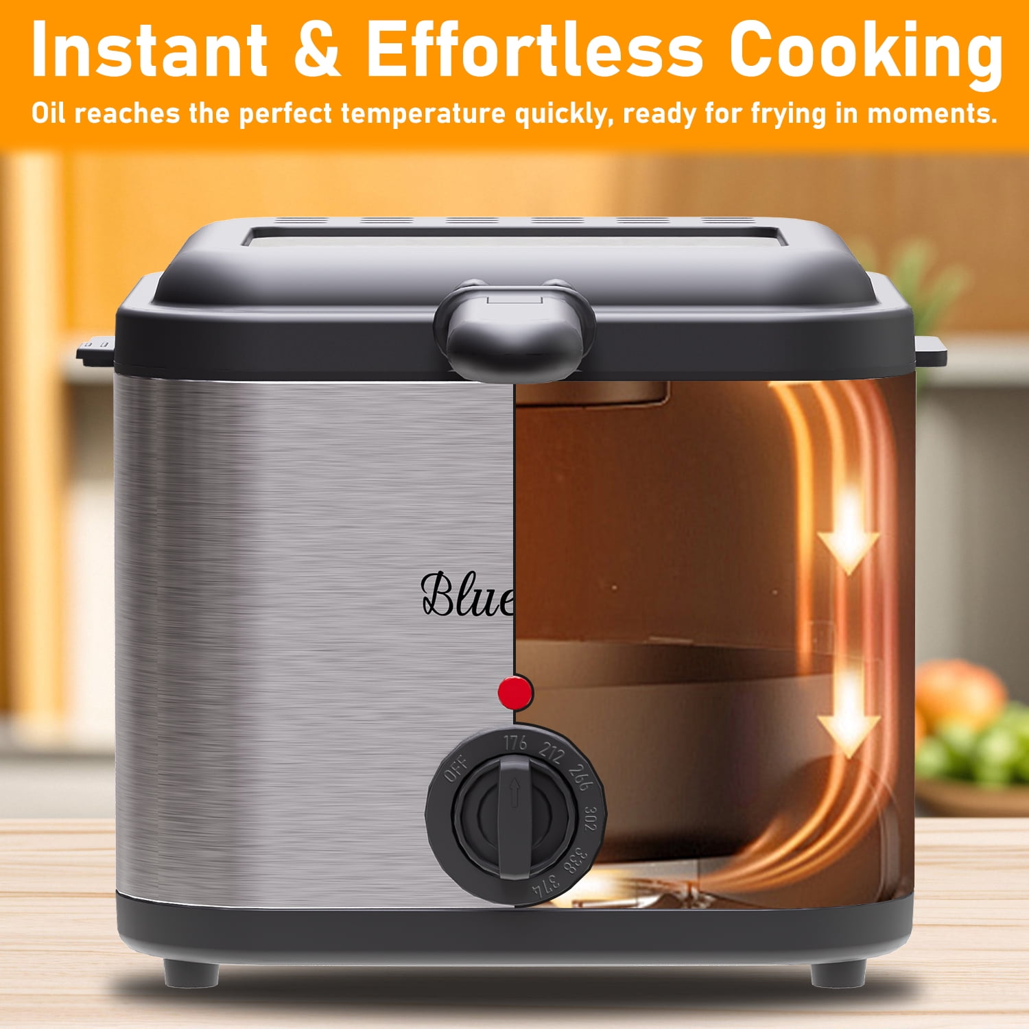 Bluebow Electric Deep Fryer, 2.5 Quart Capacity, Wide Viewing Window, Adjustable Temperature, Stainless Steel