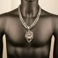 thumbnail image 3 of Mens Heavy Silver Necklace Stainless Steel Large Lion Head Pendant Cuban Chain, 3 of 6