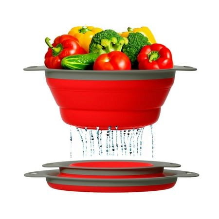 Ultimate Kitchen Strainers Ensemble de 2 - Passoires en Silicone Pliables pour un Rangement Facile par Comfify - à Utiliser avec des Pâtes et des Légumes Ou comme Bol à Fruits Ou à Baies avec Passoire - Irremplaçable pour les Campeurs - Rouge