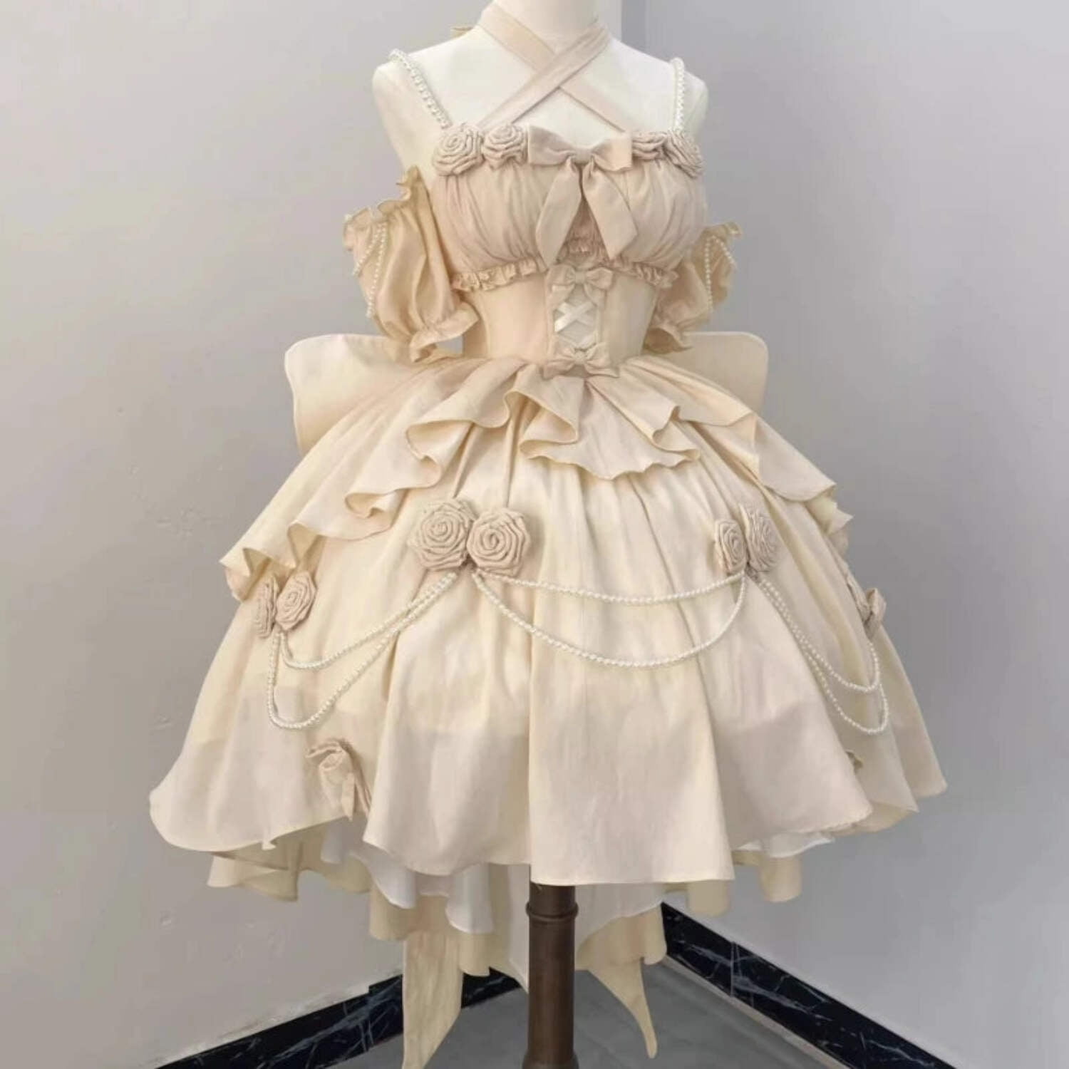 Retro Victorian Lolita Dress Elegant Women Sweet Bow Pearl