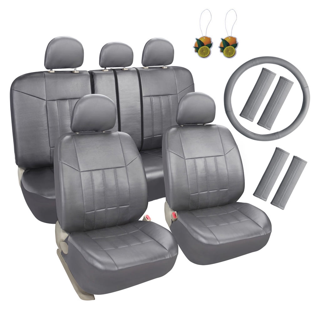 Leader Accessories 17pcs Car Seat Covers Set Universal Fit Interior Decor Faux Leather Rear Front Seat Protector for Truck SUV,Gray