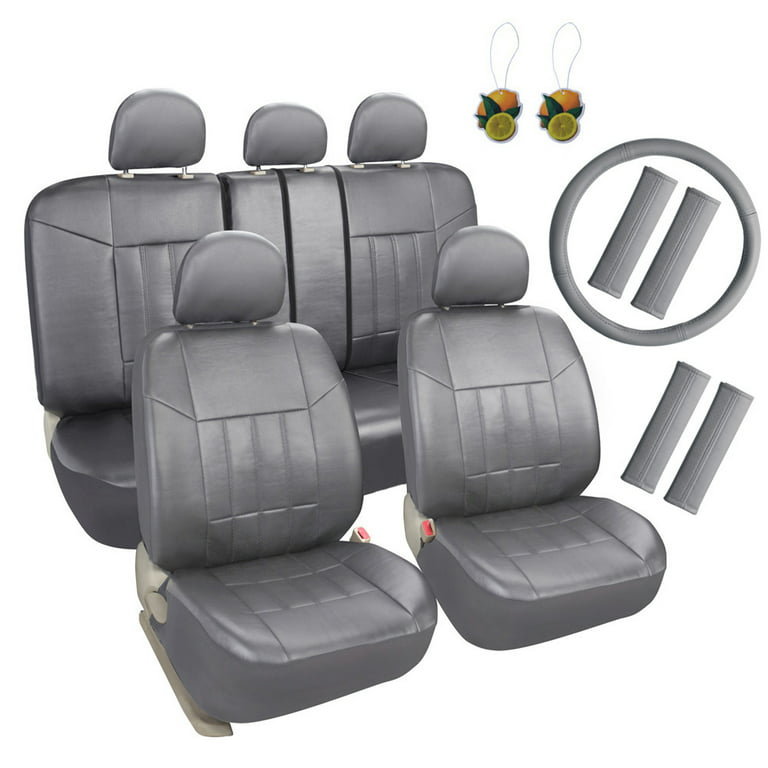 Leader Accessories Universal Front Rear Car Seat Covers Leather 17pcs Combo Pack Full Set Grey with Airbag/Steering Wheel Cover/Shoulder Pads