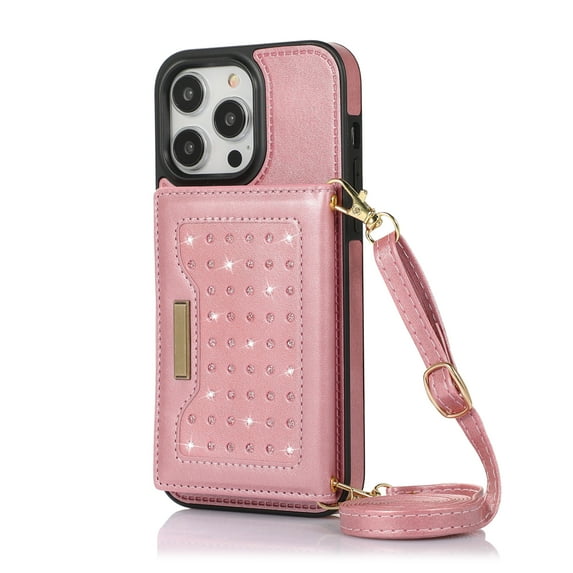 ELEHOLD Stylish Wallet Case for iPhone 14 Pro Max Flip Card Slots Diamond Bling Sparkle Design RFID Function Detachable Shoulder Strap Girls Women Purse Case 6.7 inch,Pink