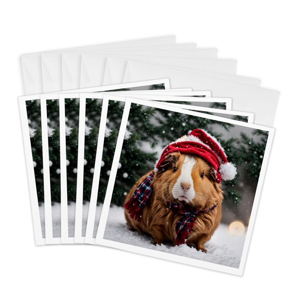 3drose, a Guinea Pig Wearing a Santa Hat and Scarf, 6 Greeting Cards with Envelopes