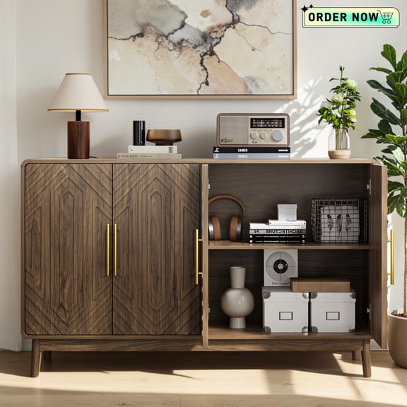 Tcbosik 55.1" Storage Cabinet with 4 Doors, Buffet Sideboard with Adjustable Shelves, Modern Kitchen Cupboard for Dining Room, Living Room, Walnut