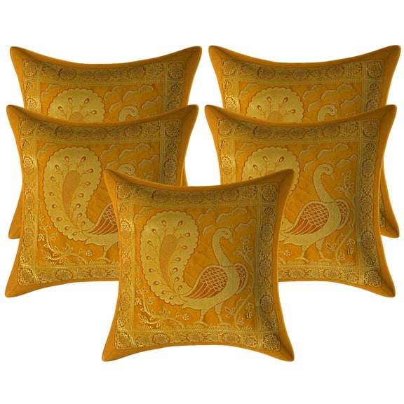 Stylo Culture Ethnic Boho Decorative Brocade Mustard Yellow And Gold Sofa Throw Pillow Covers 12x12 Jacquard Weave Banarsi Christmas Pillow Slipcovers Peacock 30x30 cm Cushion Covers (Set Of 5)