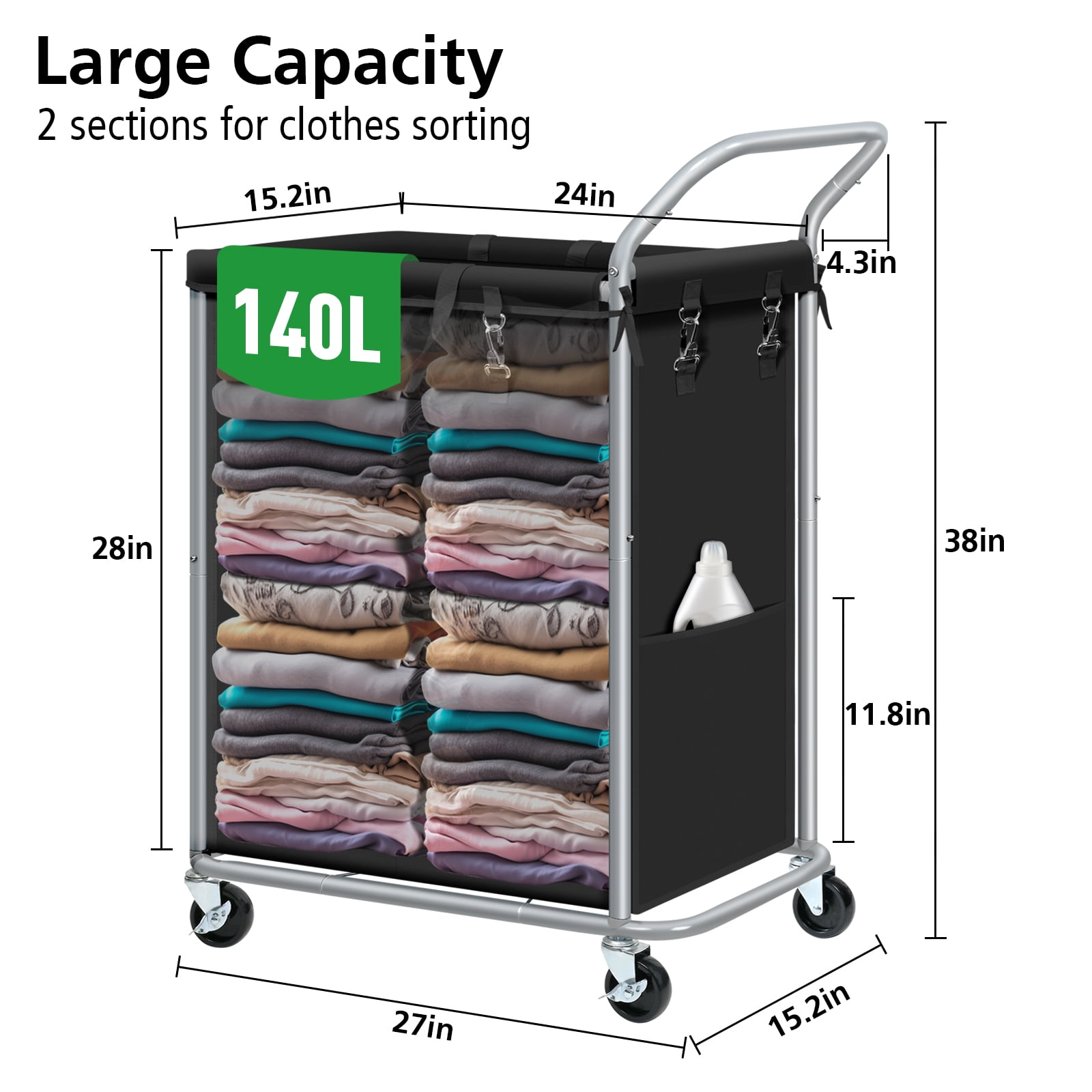 Ollieroo Laundry Hamper with Wheels,140L Rolling Laundry Hamper,2-Section Rolling Laundry Hamper with Removable Liner & Handles for Clothes Storage, Laundry Room,Black
