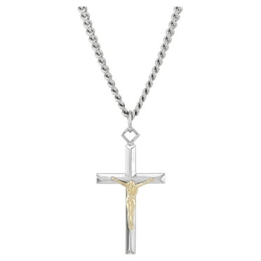 Brilliance Fine Jewelry Sterling Silver and 18KT Gold Plated Crucifix Cross on 24" Stainless Steel Chain Necklace