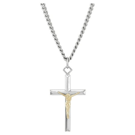 Brilliance Fine Jewelry Sterling Silver and 18KT Gold Plated Crucifix Cross on 24" Stainless Steel Chain Necklace