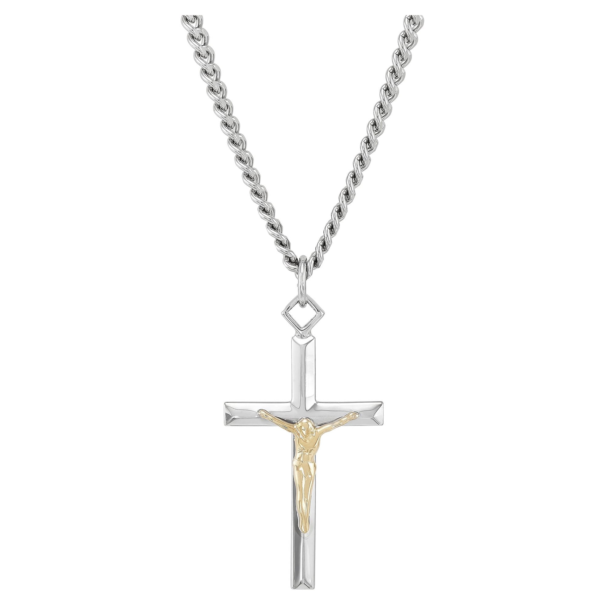 Brilliance Fine Jewelry Sterling Silver and 18KT Gold Plated Crucifix Cross on 24" Stainless Steel Chain Necklace