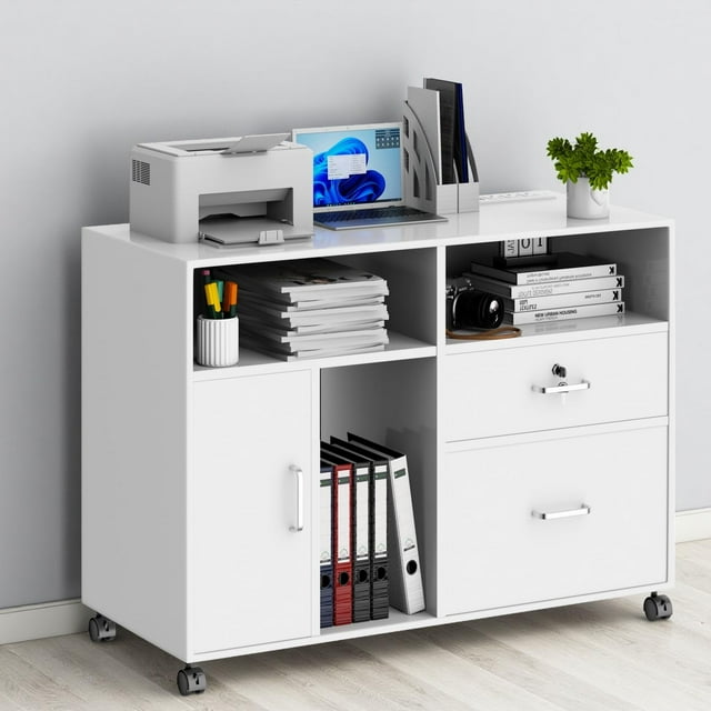 Archivador, Archivador con Cerradura, Soporte para Impresora, 2 Cajones, 3 Compartimentos Abiertos, Adecuado para Estudio u Oficina, 96,6 × 34 × 65,8 cm (Blanco)