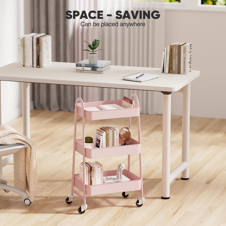 edx 3-Tier Metal Rolling Cart with Mesh Baskets, Pink photo 3