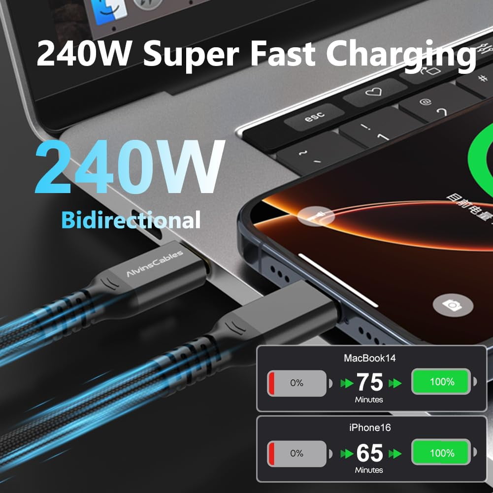 Alvin's Cables Thunderbolt 5 Cable, 4ft USB-C to USB-C Cable 120Gbps Bandwidth 240W PD Fast Charging 16K Display, Compatible with Thunderbolt 4/3,USB4, for MacBook,eGPU,Dock, Intel Certified