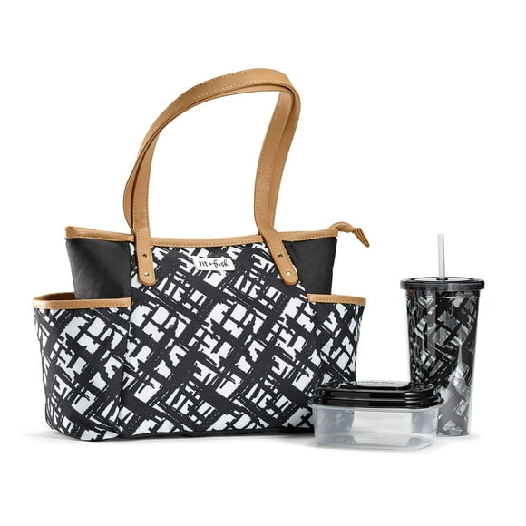 Fit & Fresh Navarto Adult Insulated Lunch Bag with Side Pouches & Carry Handles Complete Lunch Kit Includes Matching Tumbler & Container Black Large
