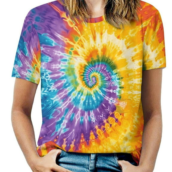 Colorful Swirls Tie-dye Womens Tops Women's Fashion Casual Short Sleeve Flower Print Round Neck Pullover Top Blouse