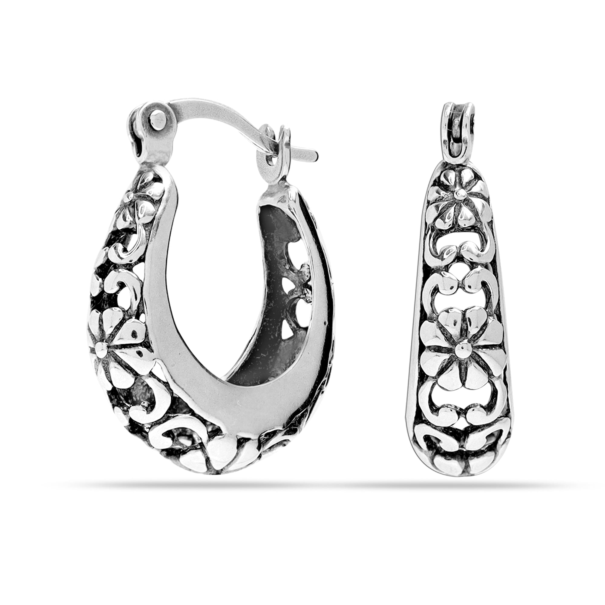 LeCalla 925 Sterling Silver Hypoallergenic Floral Design Click Top Oval Filigree Hoop Earrings Jewelry Gifts for Women and Teen 18MM
