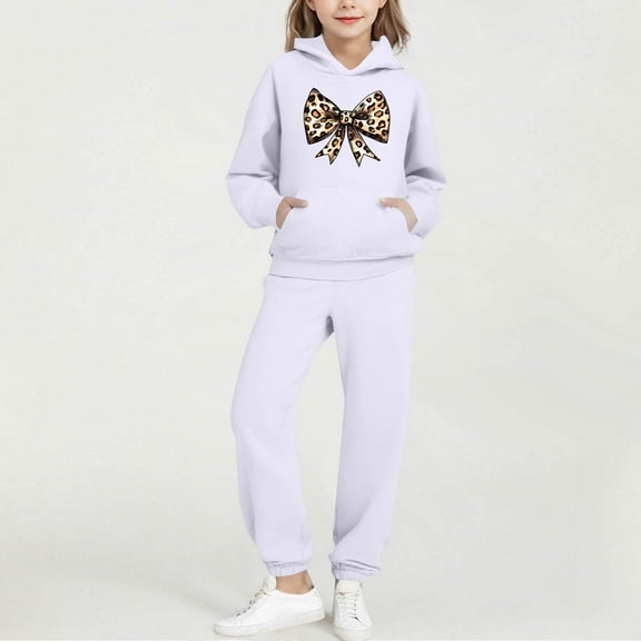 fnnxnal Girls' White Tracksuit Set 2-13 Years, 100% Polyester Hoodie & Jogger Pants, Casual Sporty Outfit with Leopard Print Bow for Kids,Size 13 T