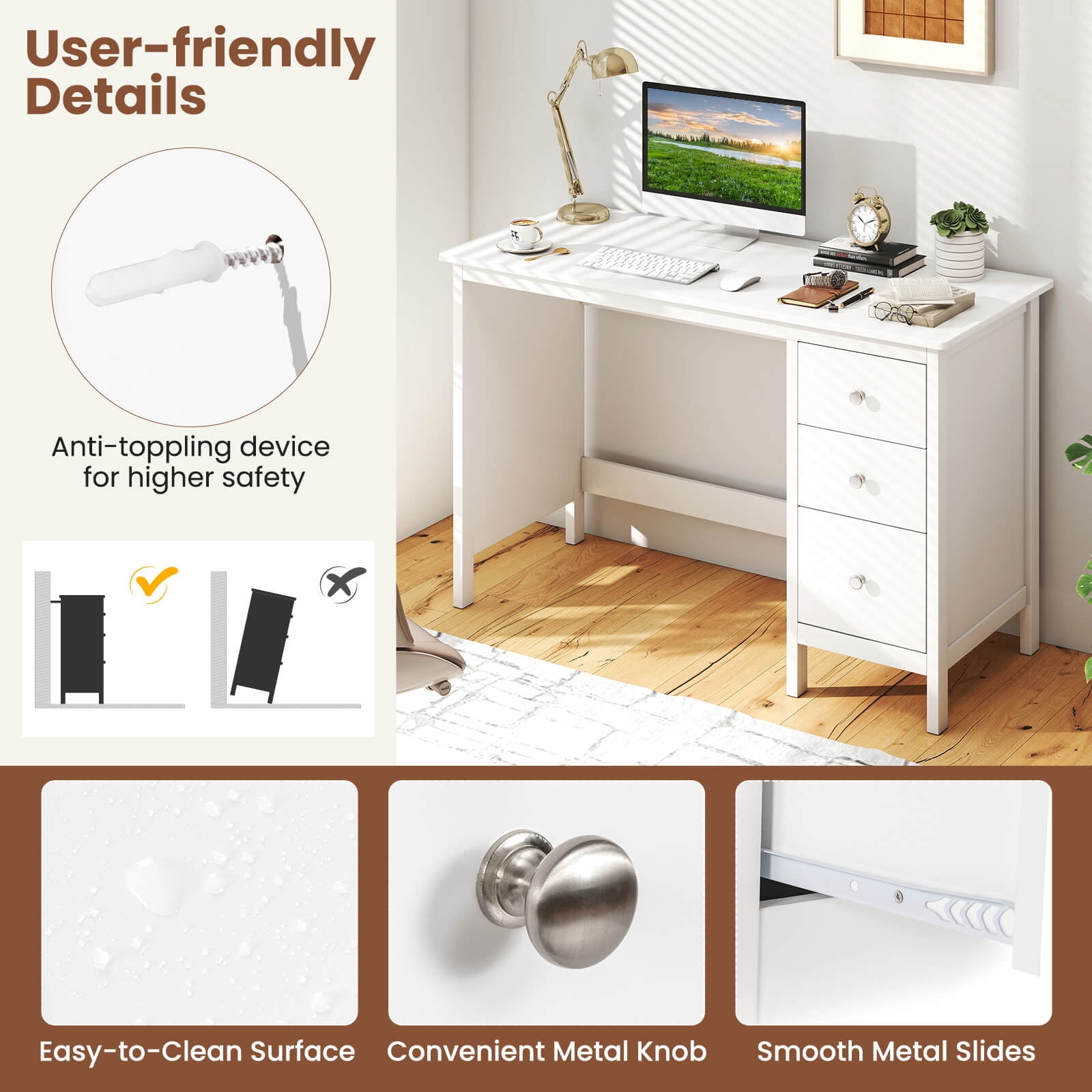 Costway Computer Desk with 3 Drawers 48" Wide Writing Desk with Storage Anti-tip Kit White