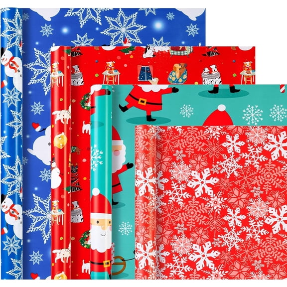 4 Roll Fun Christmas Wrapping Paper Snowflake/Snowman/Santa/Dogs 148 sq ft total