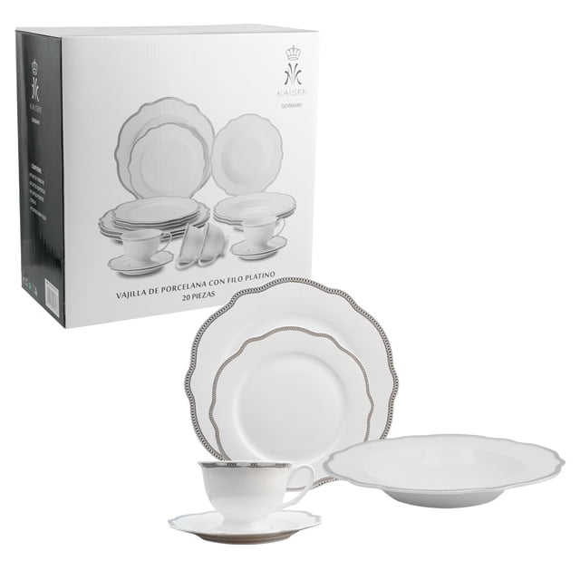 Vajilla Redonda Elegante con Filo Plateado, Diseño Ondas. Vajilla Familiar para Toda Ocasión, 20 Piezas para 4 Personas